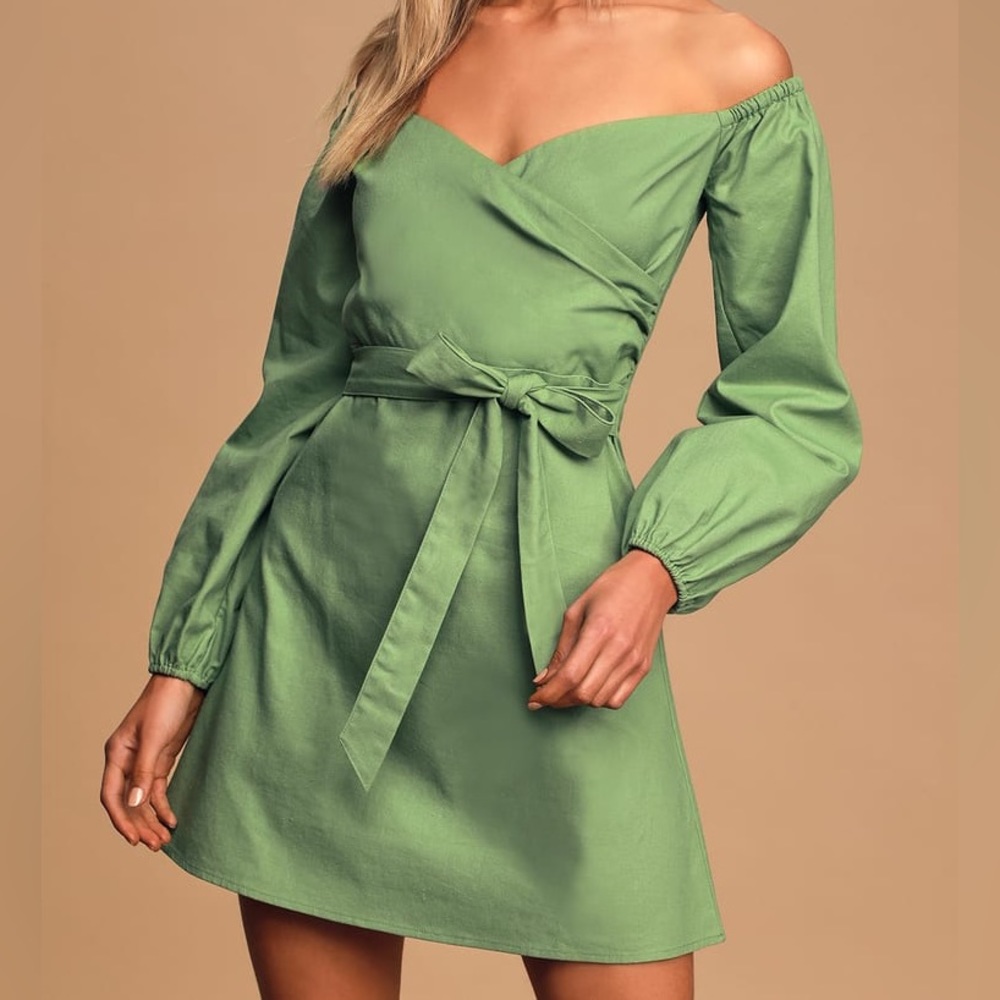 Lulus Pure Serenity Green Off The Shoulder Mini Dress